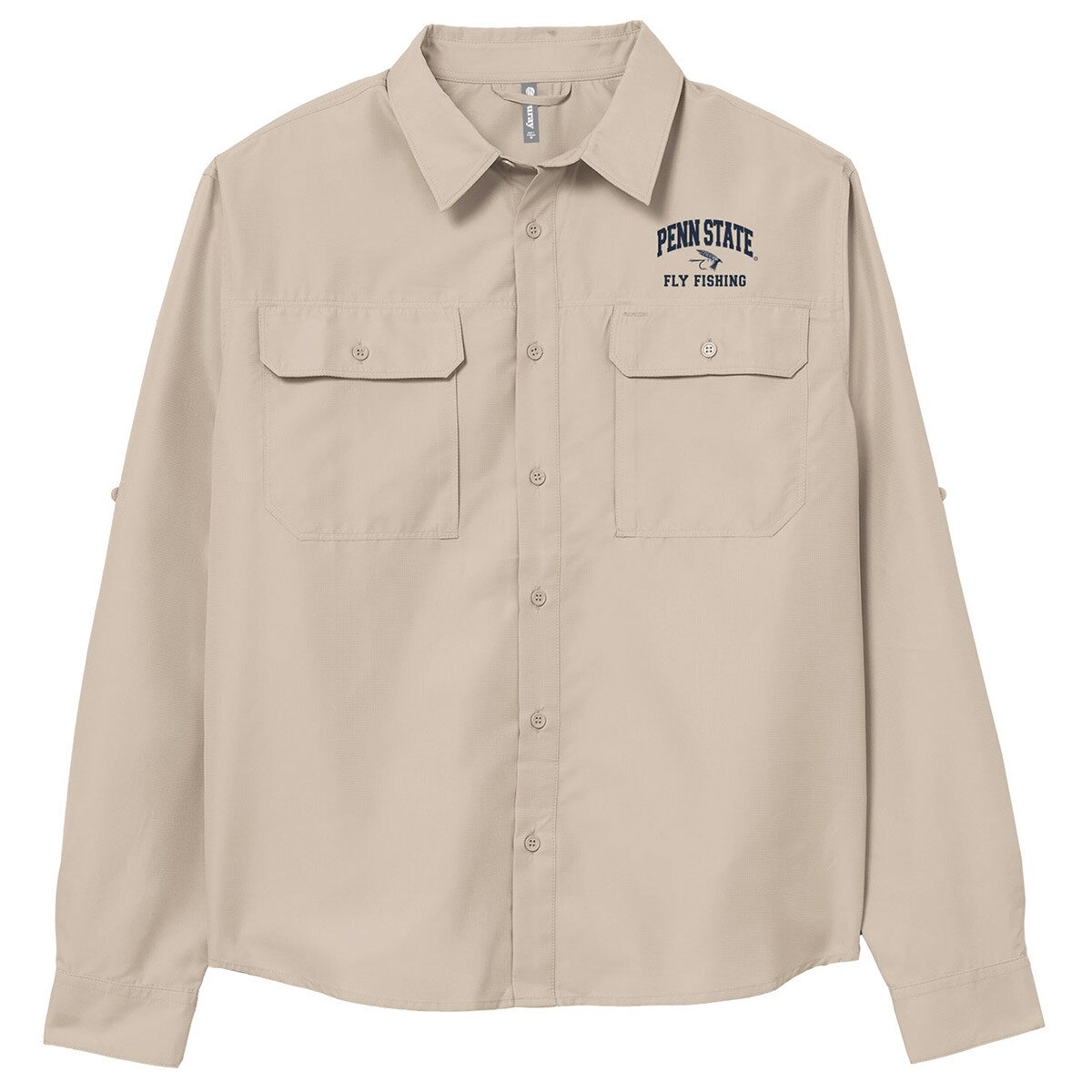 khaki long sleeve shirt with Penn State Fly Fishing on left chest